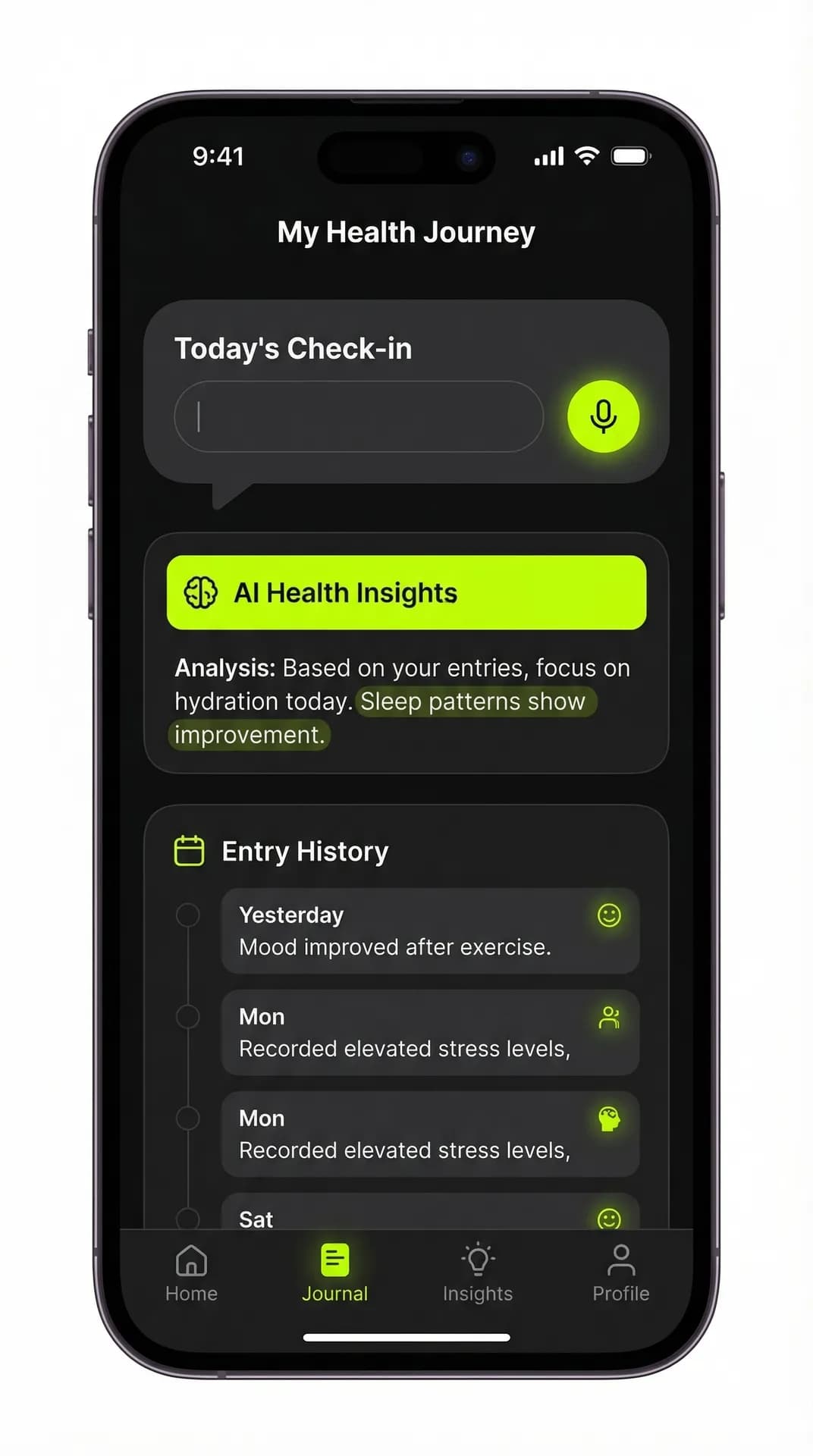 Jot AI Health Journal - Voice and text entry interface